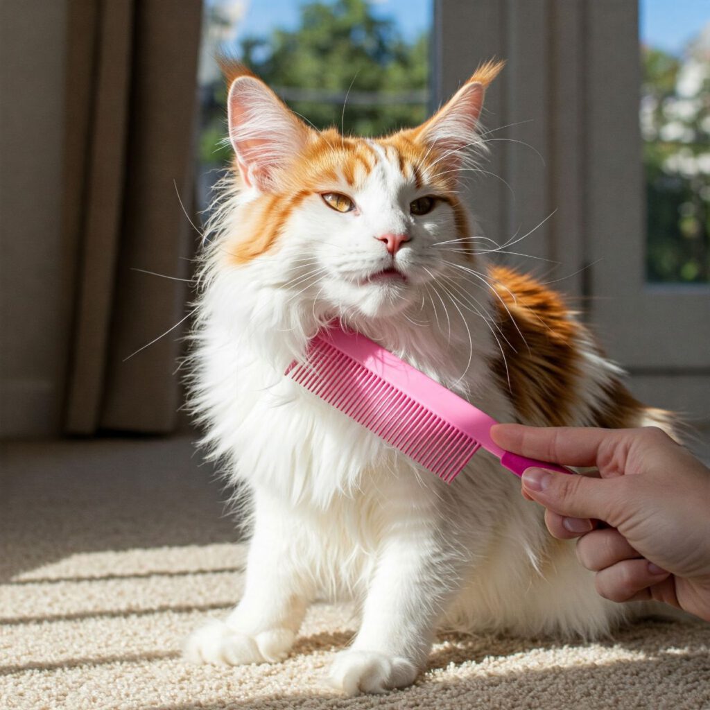 Rode Maine Coon met vervilte vacht wordt gekamd