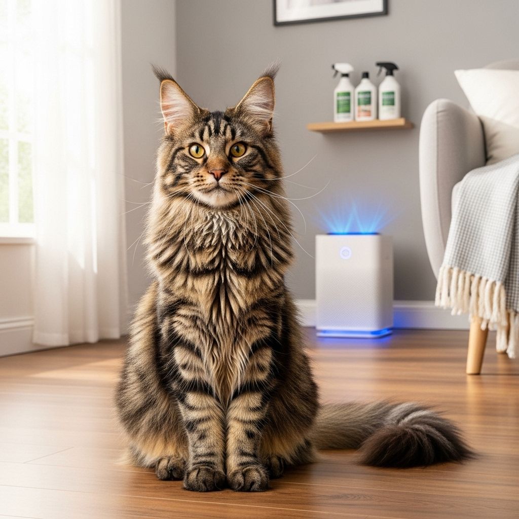Zittende Maine Coon kat voor een luchtreiniger