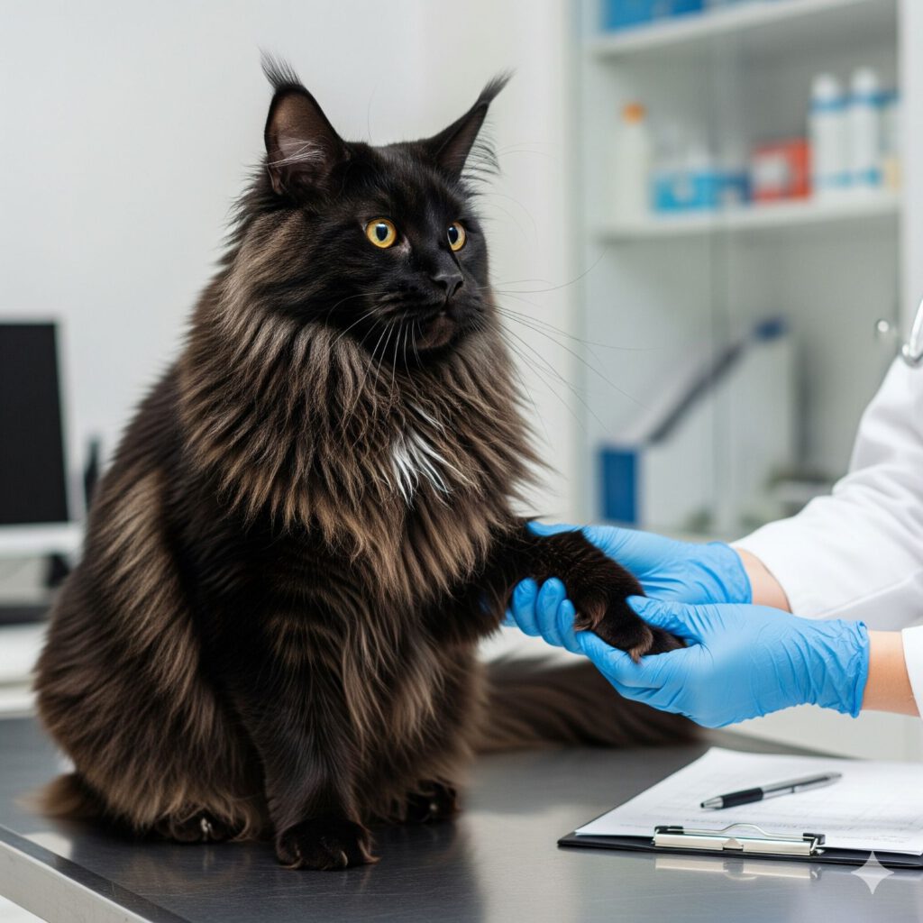 Zwarte Maine Coon met gezondheidsproblemen bij de dierenarts.