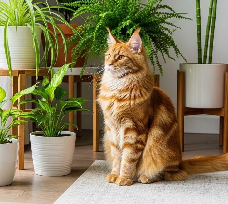 Maine Coon in huiskamer naast planten