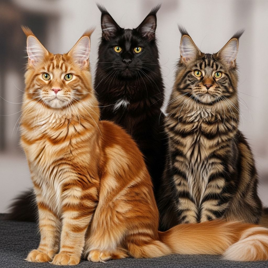 Drie Maine Coons in verschillende kleuren